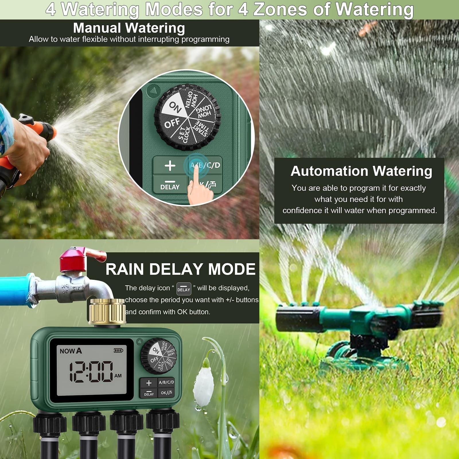 Water Timer with 4 Outlet for Garden Lawn– Programmable Irrigation Controller