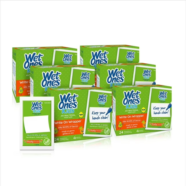 Wet Ones Kids Writable Antibacterial Hand Wipes, 24 Ct, Fruity Fresh (6-Pack)