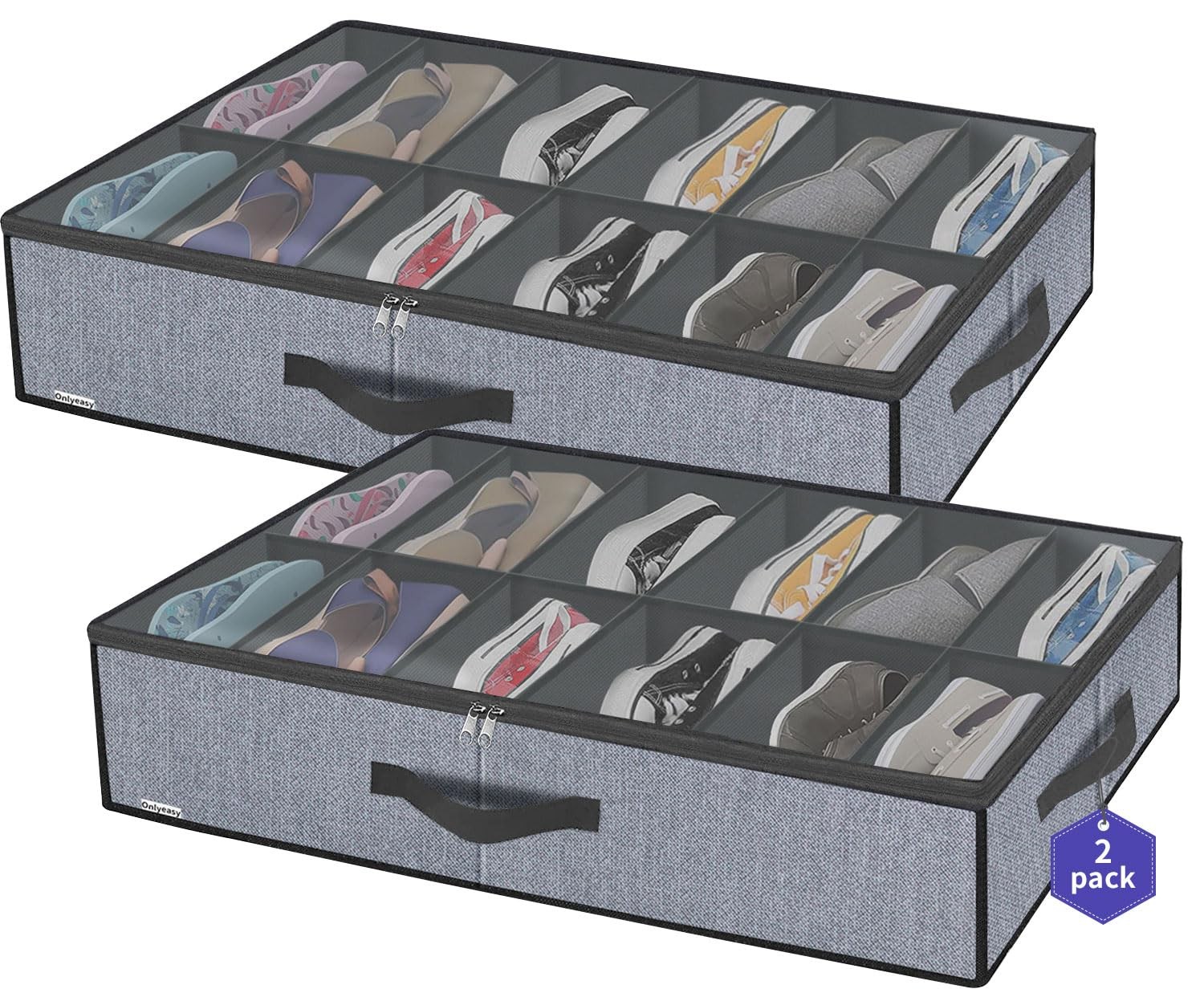Onlyeasy Large Under Bed Shoe L, 2 Shoes (12+12 Cells) Linen-like Grey