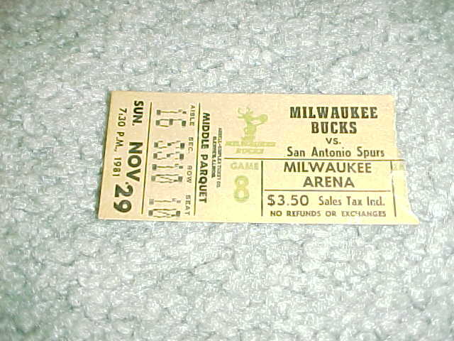 1981 San Antonio Spurs v Milwaukee Bucks Basketball Ticket 11/29 Gervin 33 pts