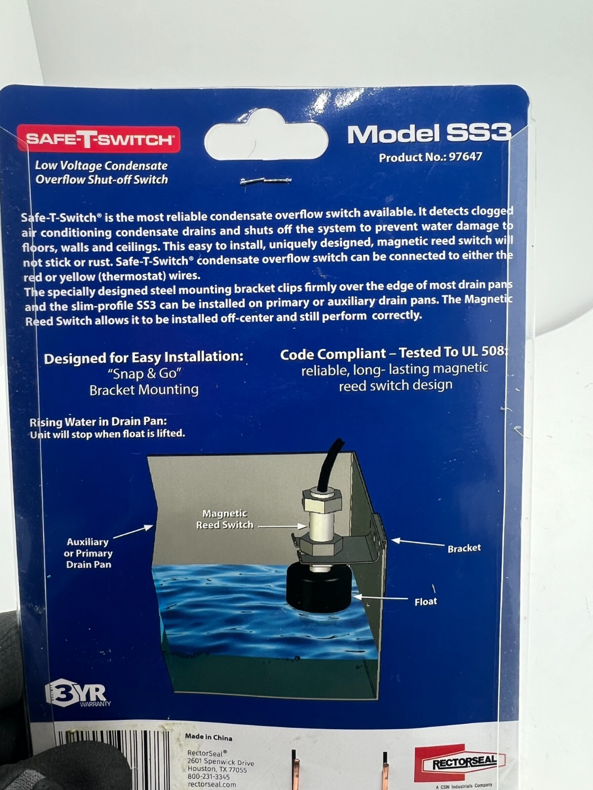 Rectorseal Safe-T-Switch Model SS3 Low Voltage Condensate Overflow Shut-Off