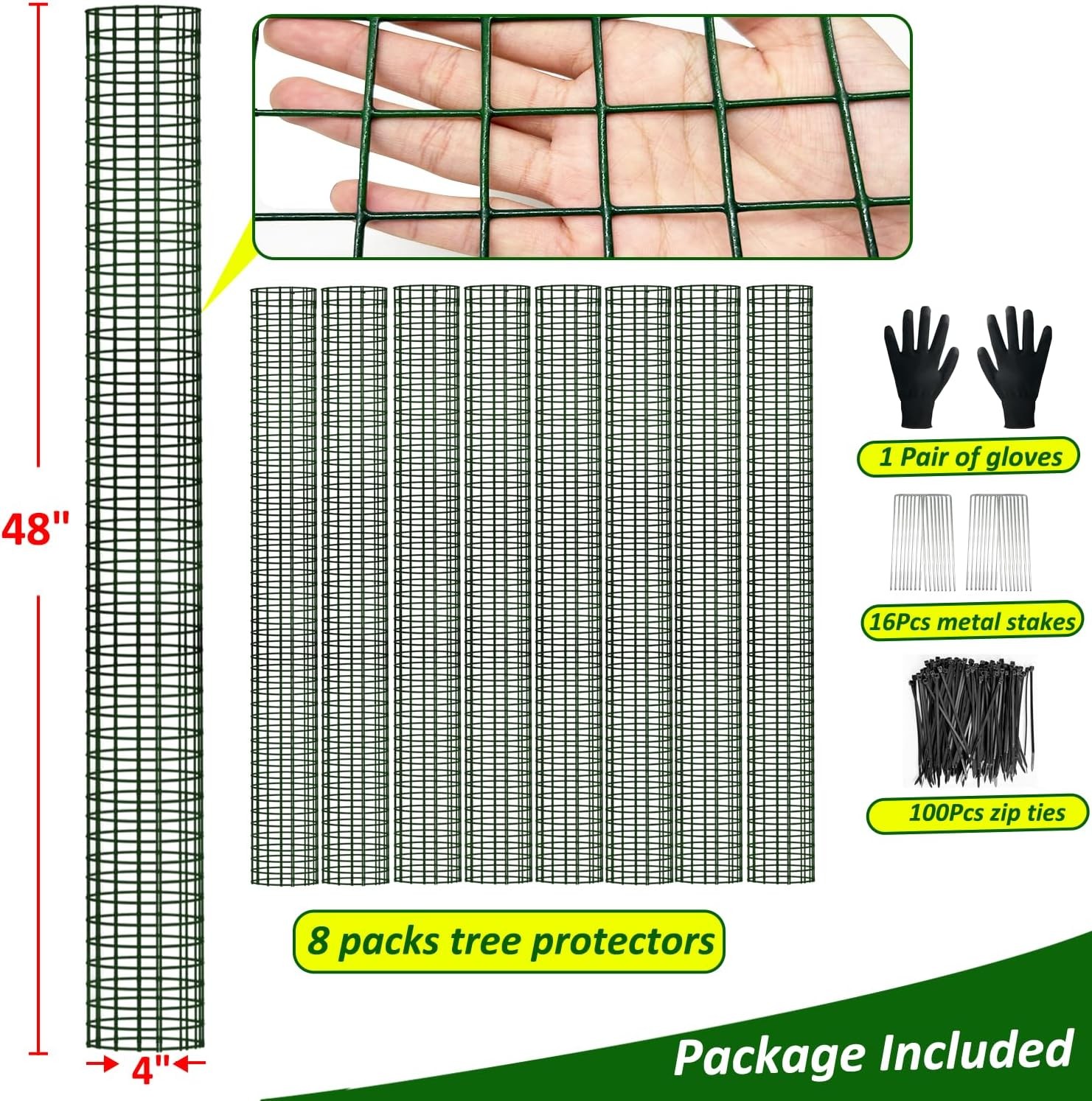 48" metal tree trunk protector, 8-Pack mesh tree guard set with Zip Ties, Stakes