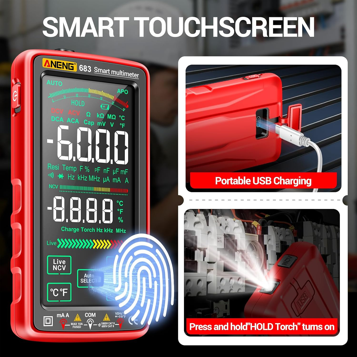 Smart Multimeter, Digital Multimeter Tester with Touch Screen 6000 Counts Auto R