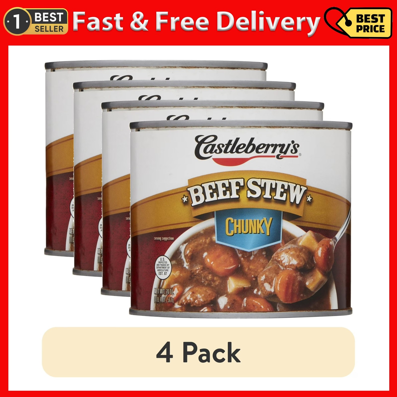 (4 pack) Castleberry's Chunky Beef Stew, 20 oz Can