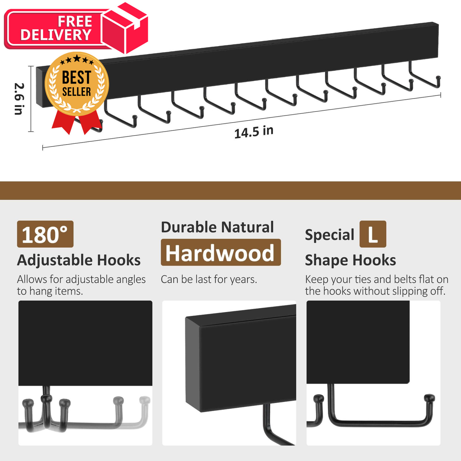 ZEDODIER 2 Pack Wodden Tie Hanger Wall Mounted, Space Saving 2 Pack, Black