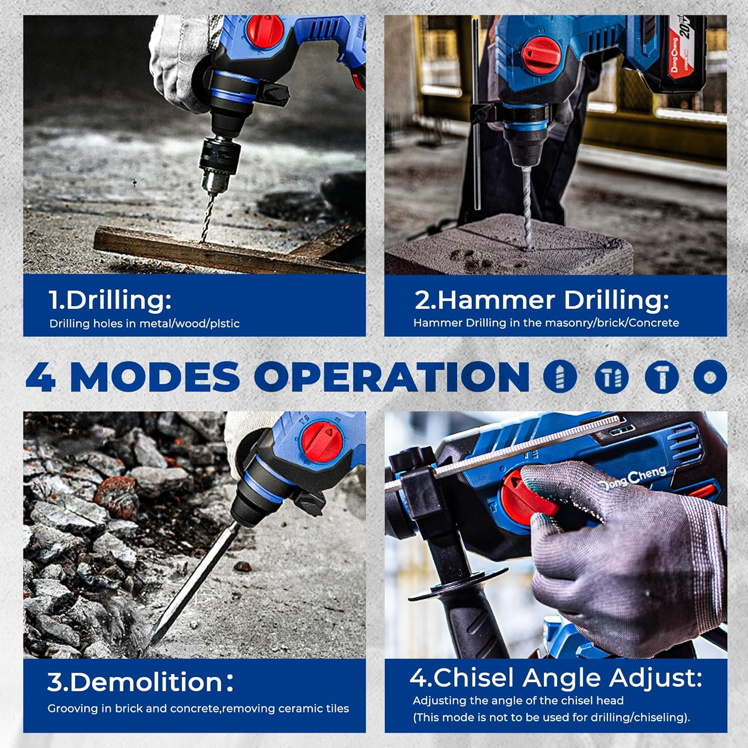 DongCheng 20V Max Brushless Rotary Hammer Drill, 7/8" SDS-Plus, 2.1 J Impact, 4