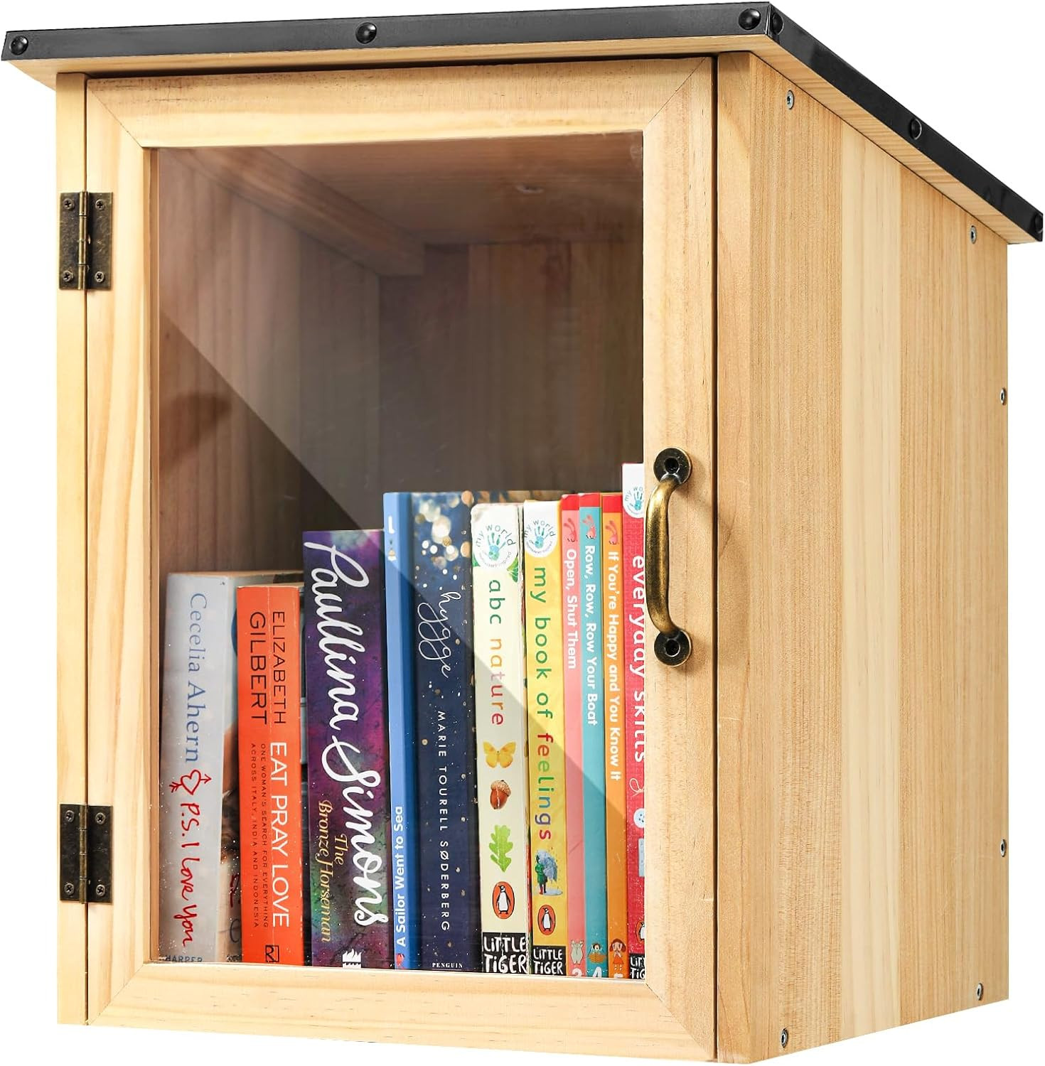 Little Library Box Outdoor, Waterproof Wooden Book Cabinet with Clear Window for