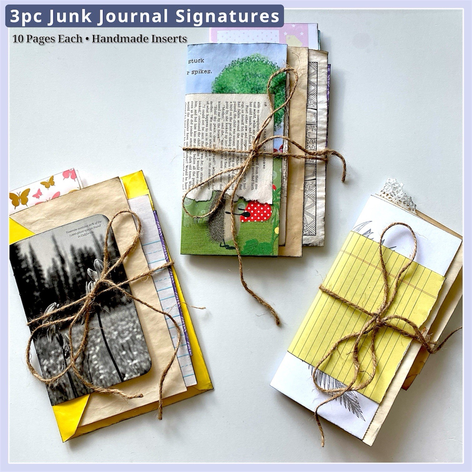 3pc Junk Journal Pages ✿ Handmade Paper Signatures Collage & Bookbinding
