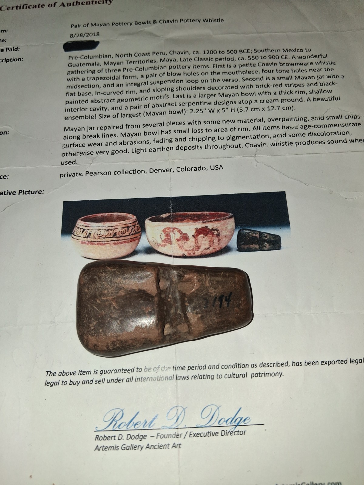 Pre Colombian Mayan Chavin Brownware Whistle Peru Late Classic COA Artemis Gllry