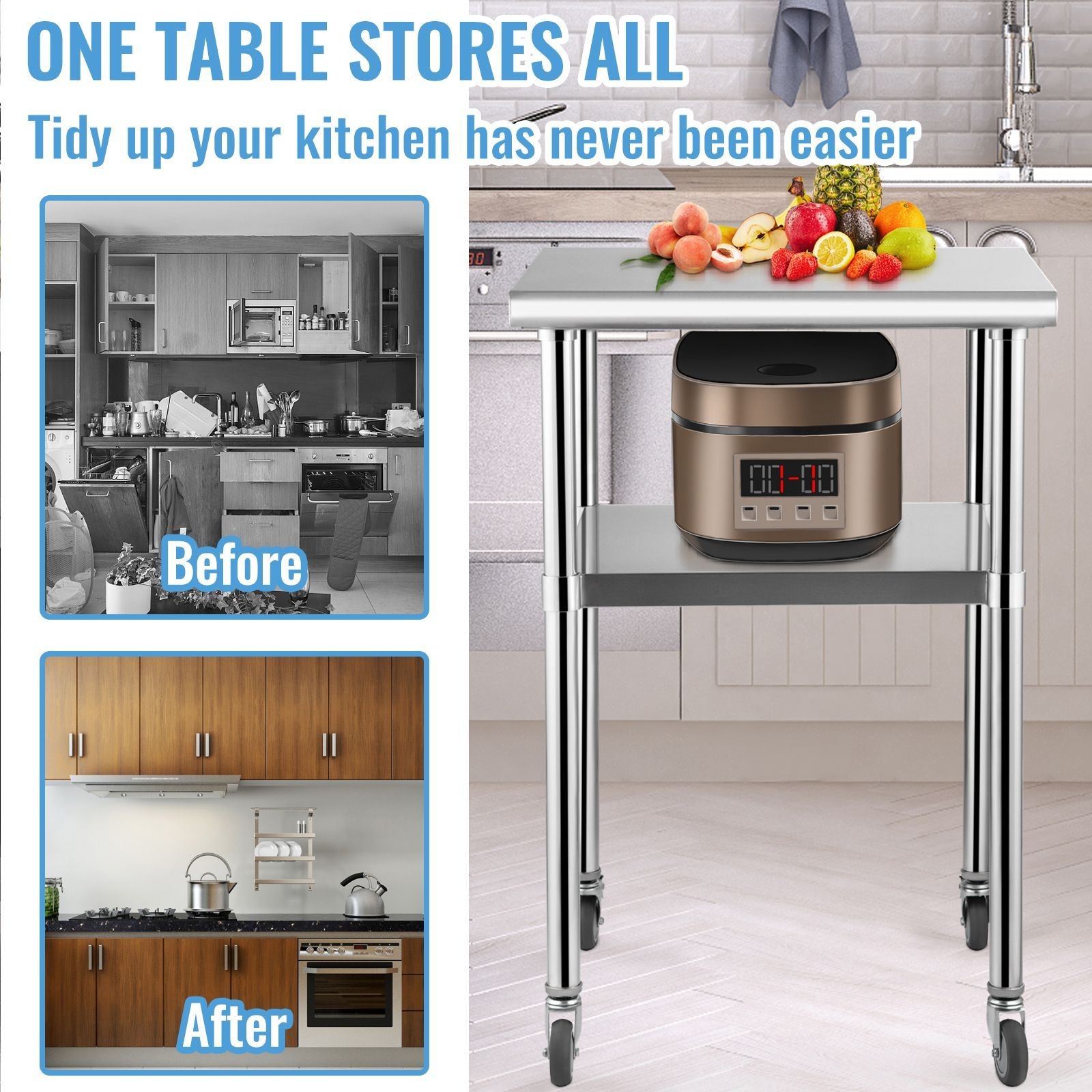 Heavy-Duty Stainless Prep Table, 24x24in Top, Adjustable Undershelf, 4 Wheels