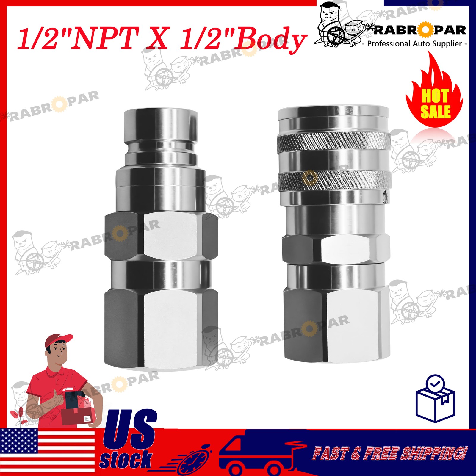 1/2 Body x 1/2 NPT Thread Flat Face Hydraulic Coupler for Bobcat Skid Steer