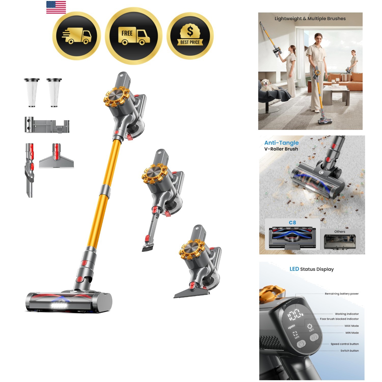 Cordless Vacuum Cleaner, 550W/45Kpa Vacuum Cleaners for Home with LED Display...