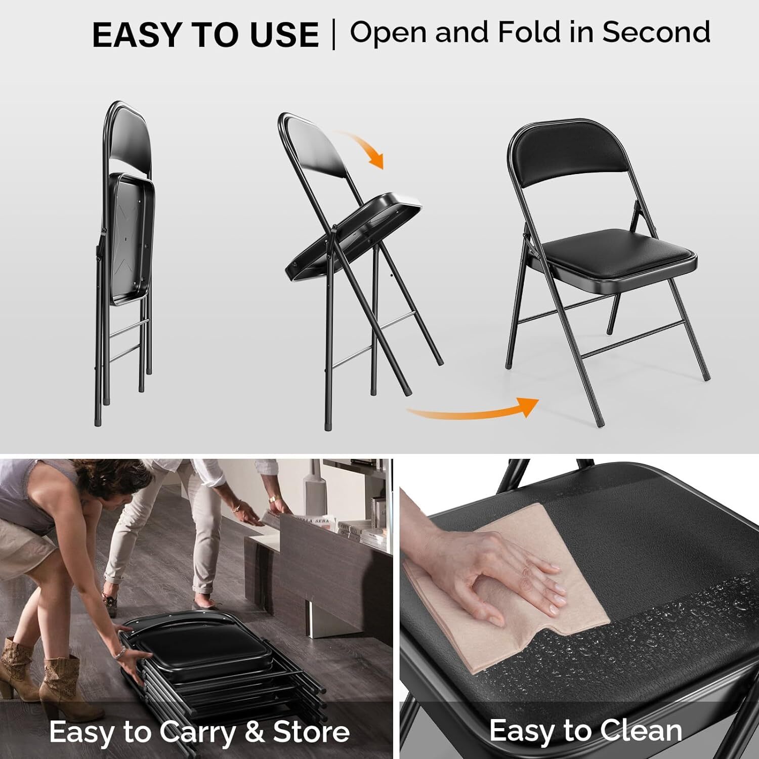6 Pack Folding Chairs Padded Seats, Metal Frame Pu Leather Seat & Back, 350 lbs