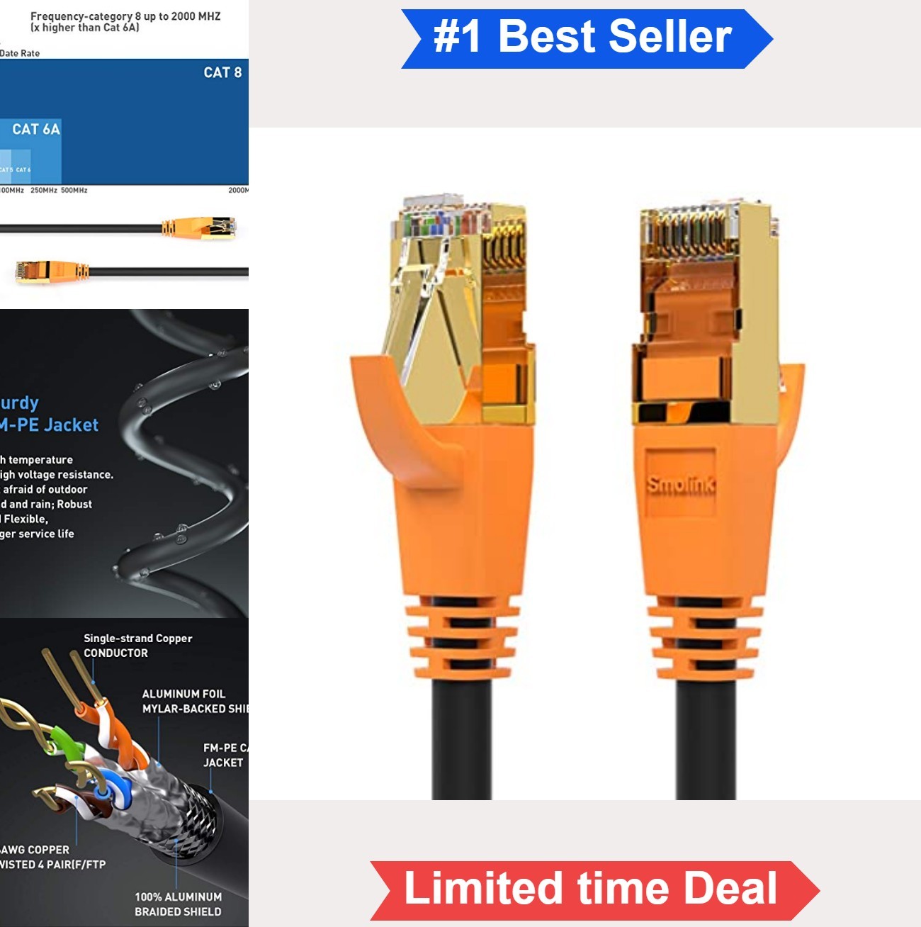 Cat 8 Ethernet Cable 6ft 40Gbps 2000Mhz Double Shielded 26AWG RJ45 Indoor
