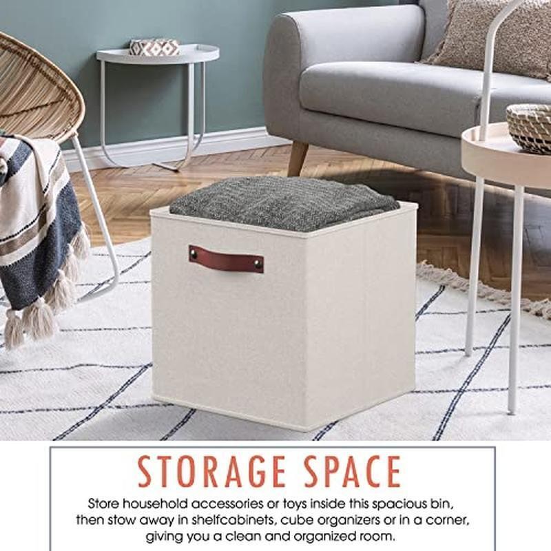 Foldable Storage Cube Bins 6 Pack Durable Fabric Box Organizer W/ Handles Beige