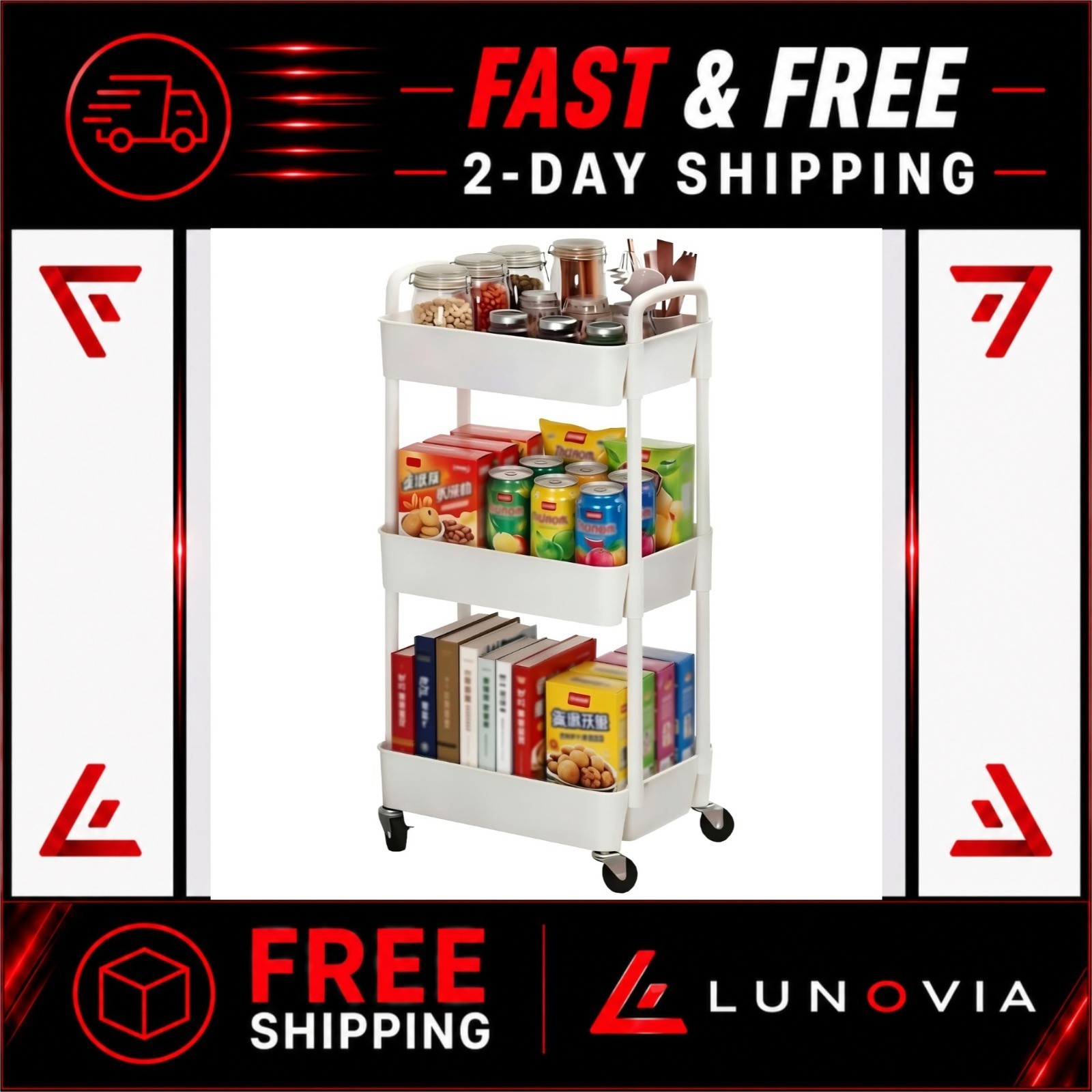 Sywhitta 3-Tier Plastic Rolling Utility Cart with Wheels - White