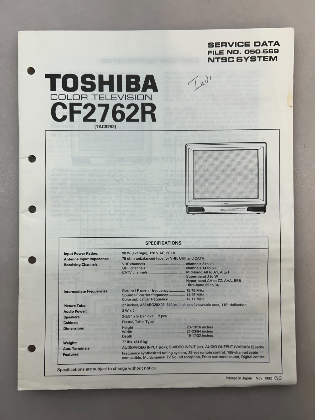 Toshiba CF2762R Original Service Manual Free Shipping