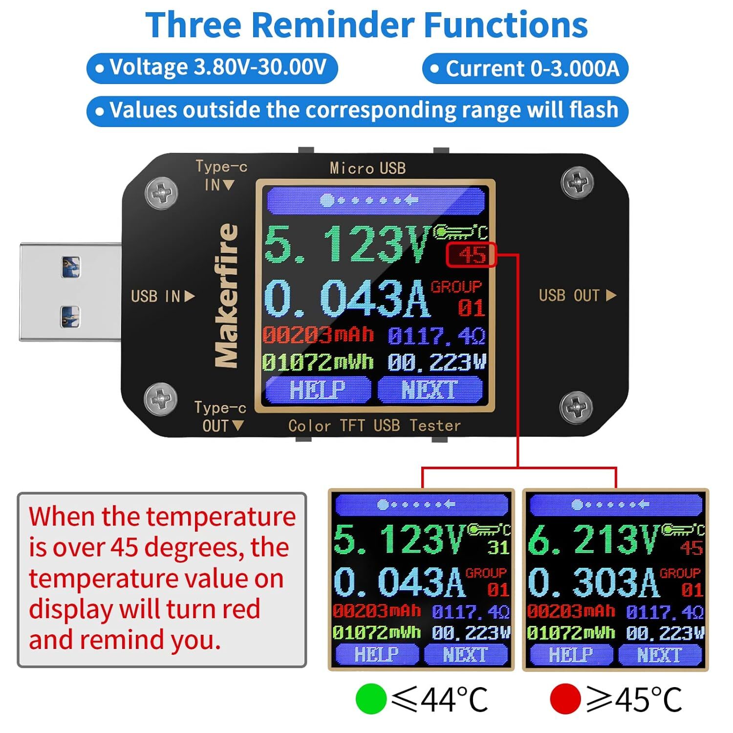MakerHawk USB Multimeter Tester Voltmeter Ammeter PD QC3.0 Type-C LCD 1.44