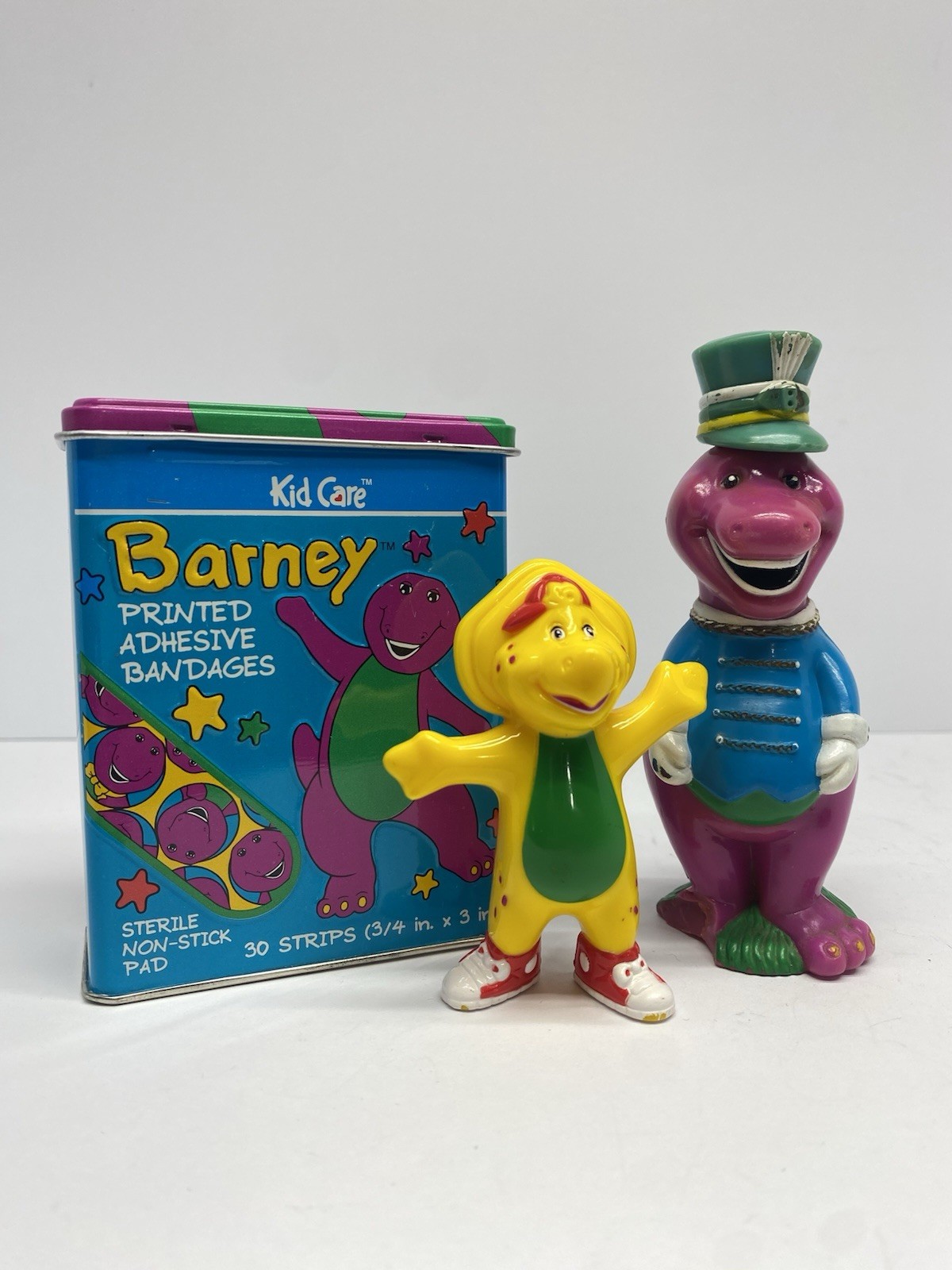 Vintage KidCare Barney Collectible Tin 1994 with Barney and BJ Figurines