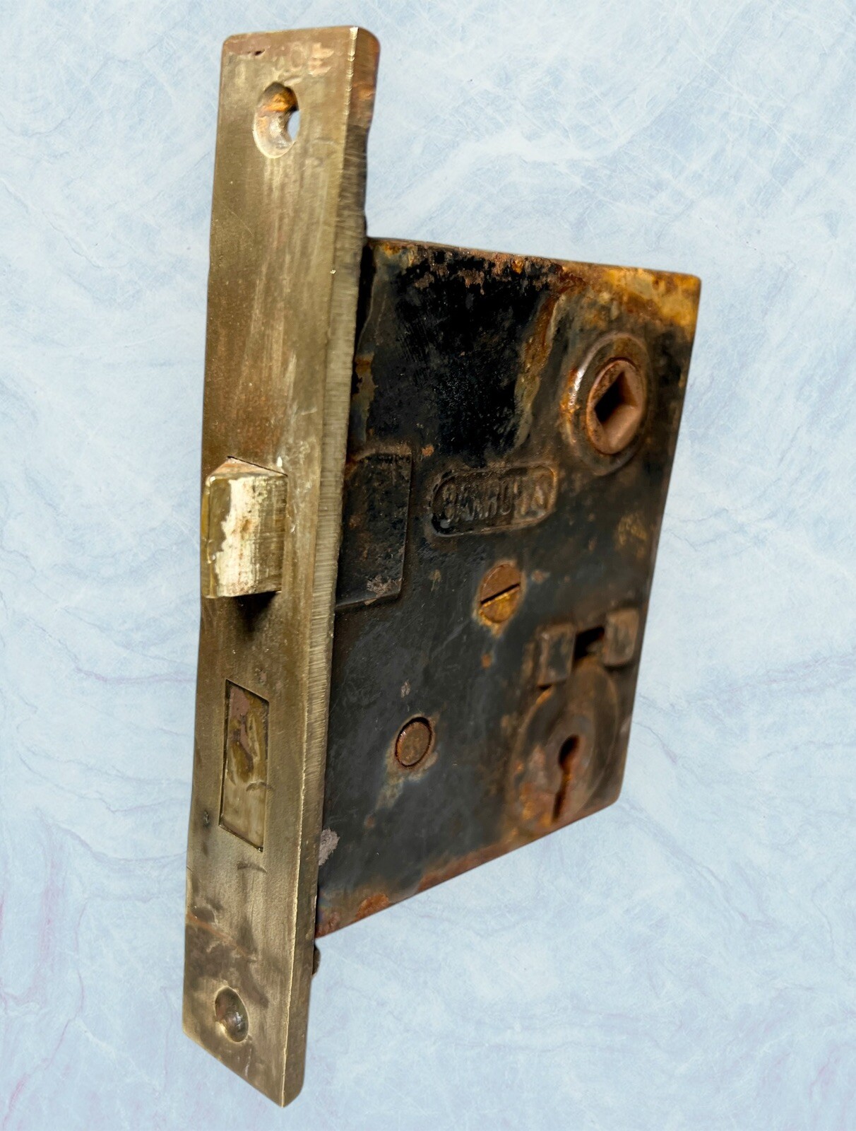 ANTIQUE Cast Iron Mortise Skeleton Key Lock Door 5.25” BRASS FACE BARROWS