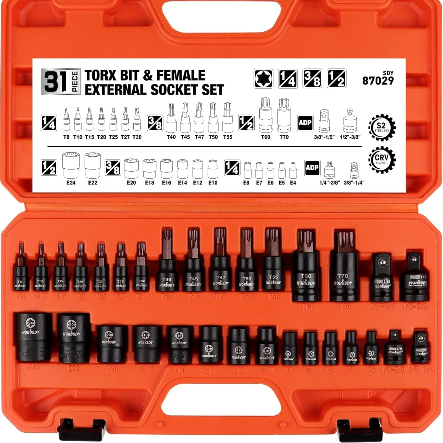 31Pcs Torx Bit Socket Set,14 Star Bits (T8-T70) and 12 Female E-Torx Sockets (E4
