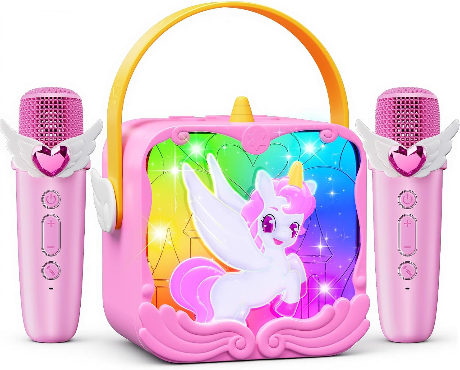 Unicorn Karaoke Machine with Wings & Castle Lights,2 Gem Microphones & 5 Magic V