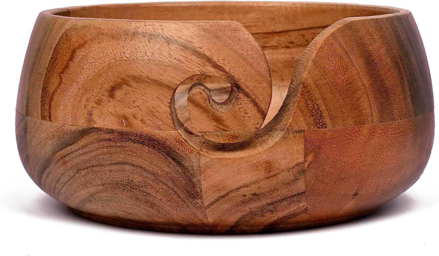 Acacia Wood Wooden Yarn Bowl for Crocheting & Knitting Hand Made by Indian Artis