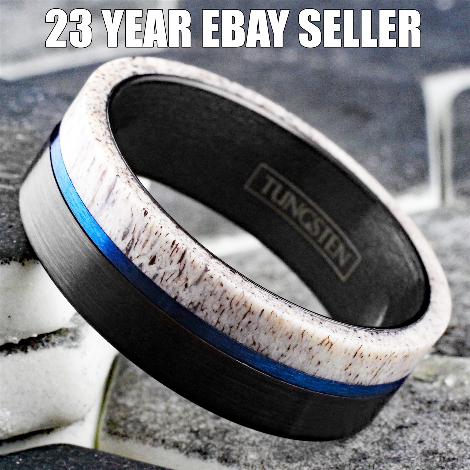 Black Tungsten Carbide Men's Ring Deer Antler w/ Blue Stripe Wedding Band