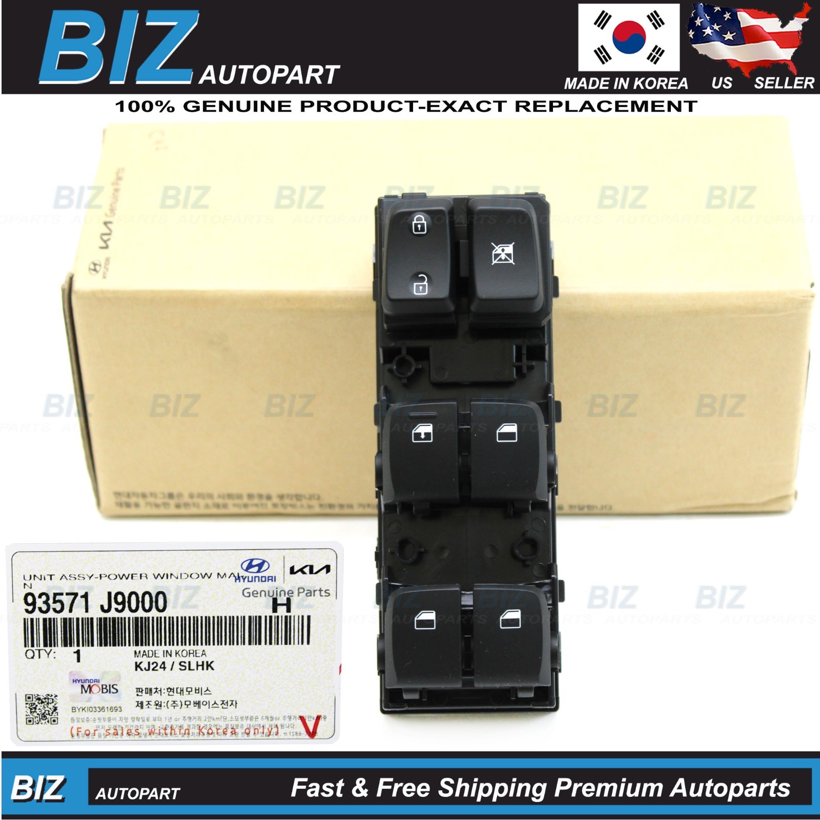 Genuine Power Window Switch W/O Auto Up/Down for 18-23 Hyundai Kona 93571-J9000