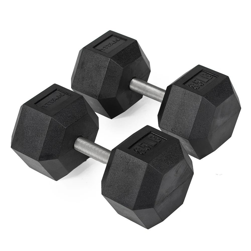 Titan Fitness 85 LB Pair Free Weights, Black Rubber Coated Hex Dumbbell, Straigh