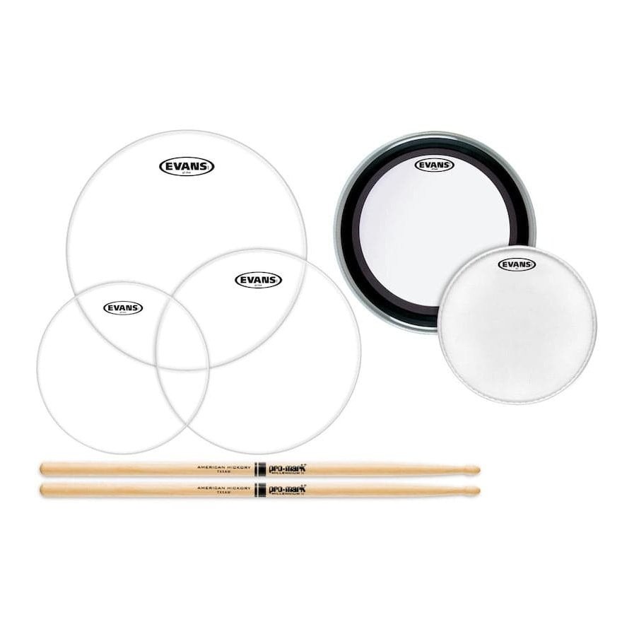 Evans American Upgrade Clear Drumhead Pack 12/14/16/22 w/FREE 14" & 5A Sticks