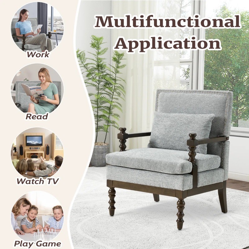 28" Wide Spindle Leg Accent Chair With Extra Lumbar Pillow And Solid Wood Legs