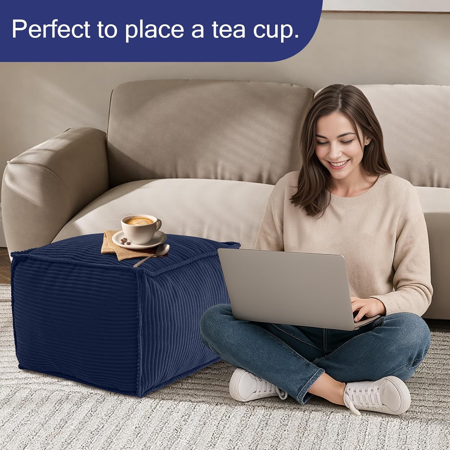 Square Stuffed Pouf Ottoman Foot Rest Corduroy Floor Pouf Foot Stool W/ Foam