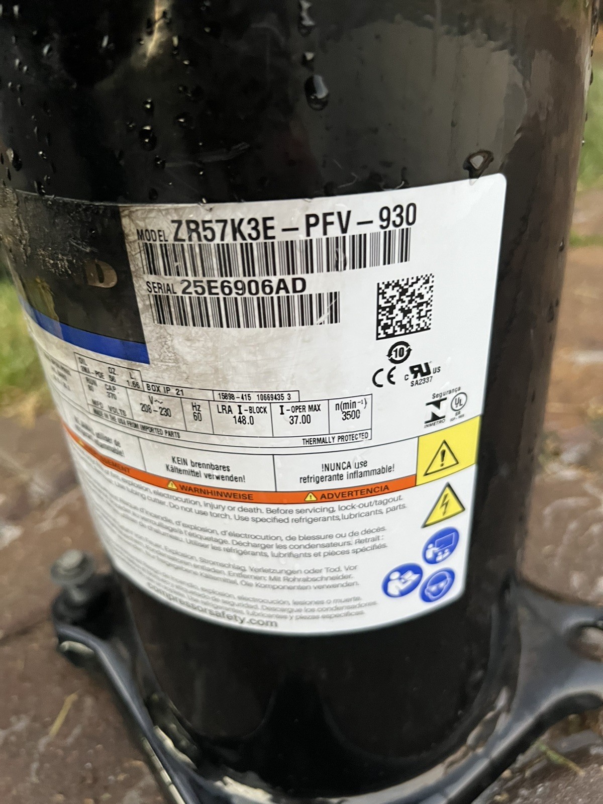 COPELAND SCROLL COMPRESSOR Model ZR57K3E - PFV-930 Year 2025- 220v single ph