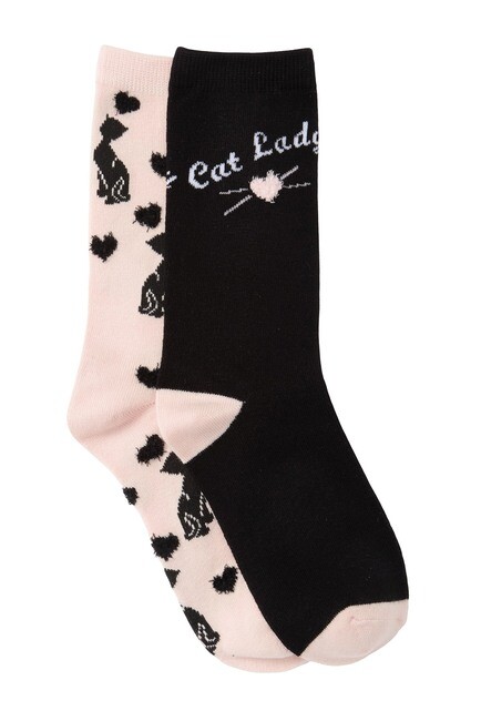 Brand New Free Press Novelty Crew Socks - Pack of 2 - Pink Dogwood Cats Multi