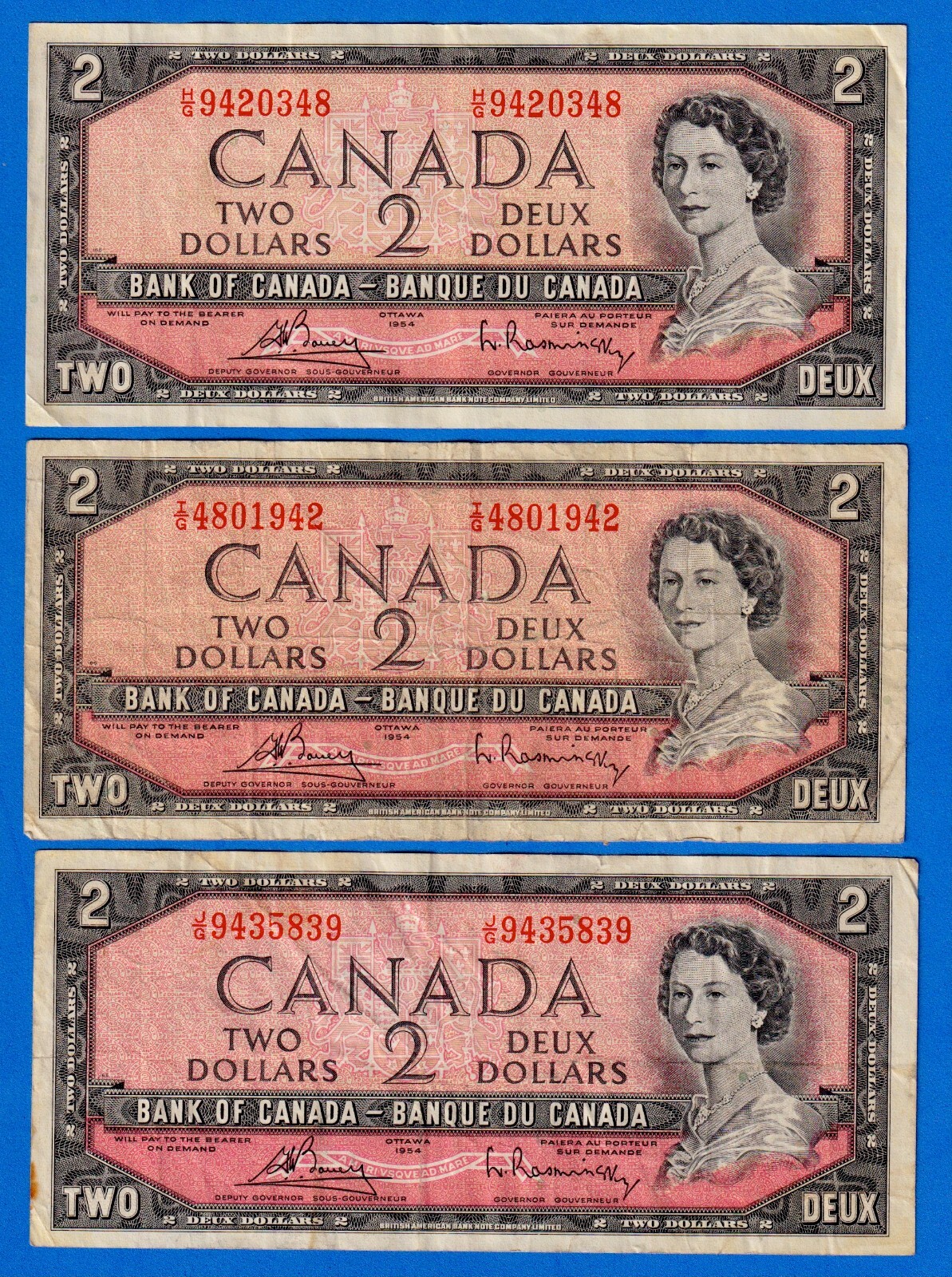 Canada $2 1954 BC-38c P-76c 3 Cons. Prefixes  H/G-J/G - 3 Circ.  Notes QE  L54#9