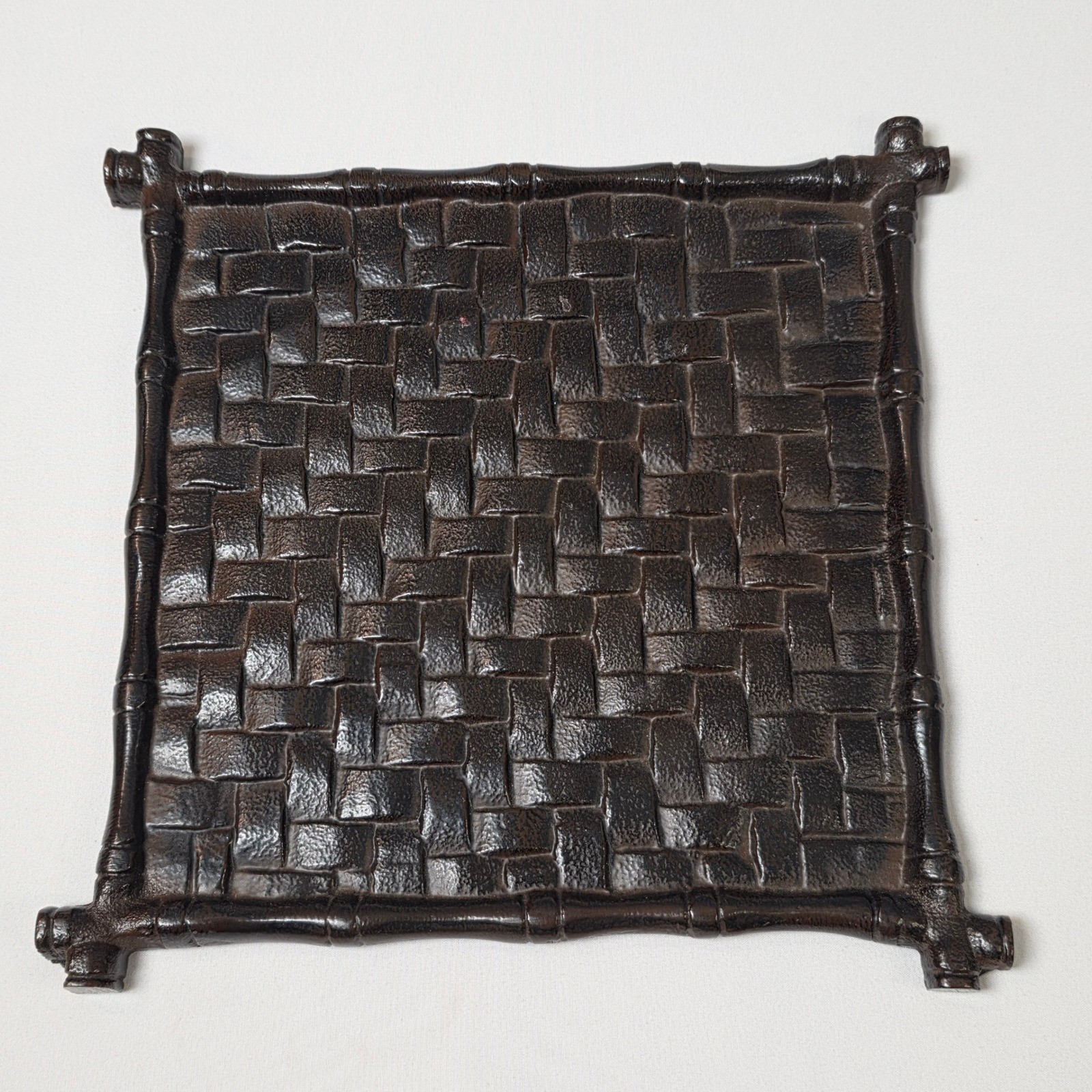 Cypress Club Candle Plate Faux Bamboo Basketweave Home Decorative Dark Brown