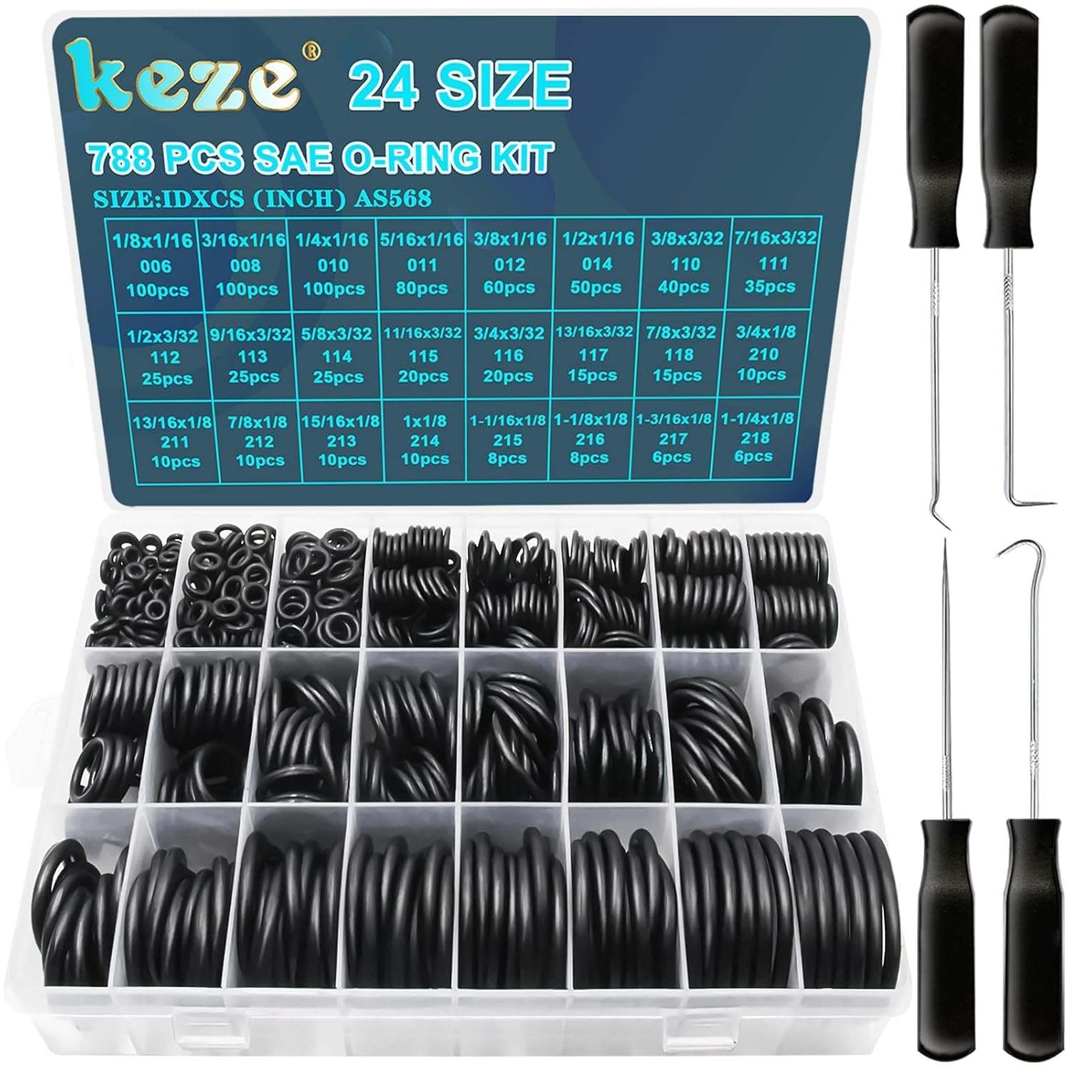 KEZE 788 Pcs SAE Rubber O Ring Assortment Kit Buna-N 70A 24 Size USA Black