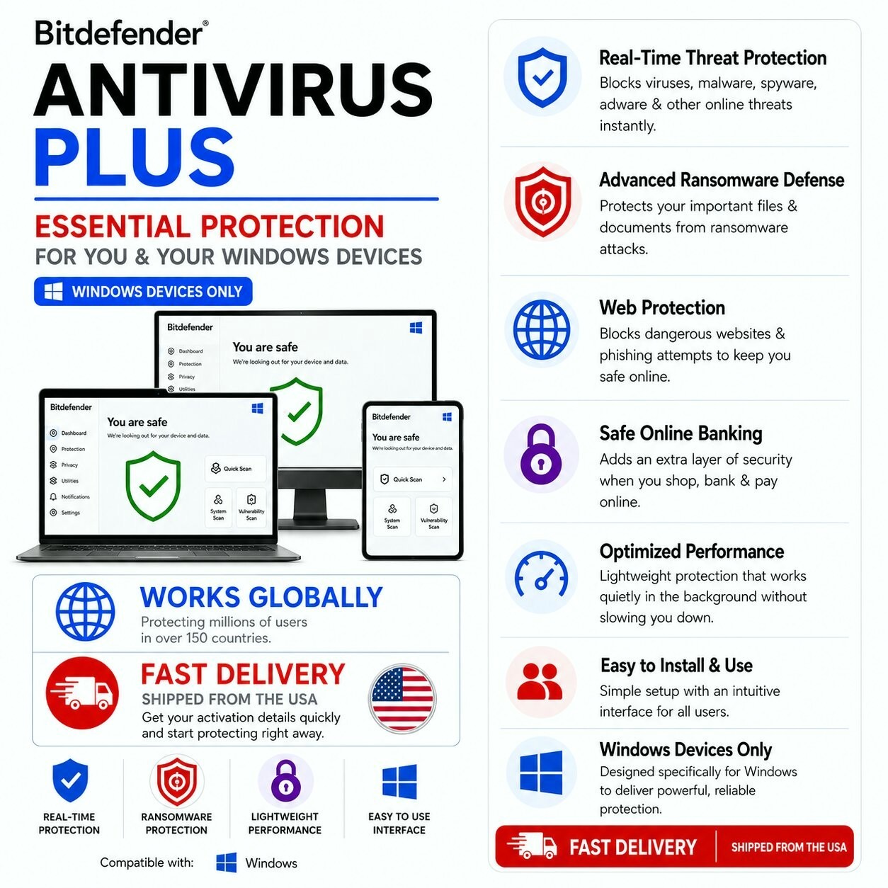 Bitdefender Antivirus Plus 2026 -  4 Years 1  Windows Device - Daily VPN