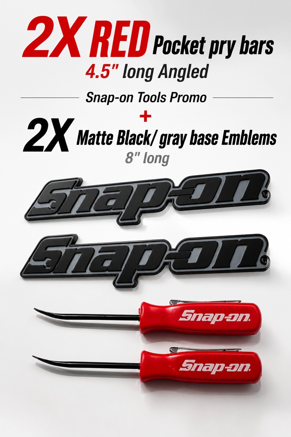 2PK SNAP ON TOOLS LOGO EMBLEM Matte Black Badge Decal + 2 Pocket Pry Bars RED !!