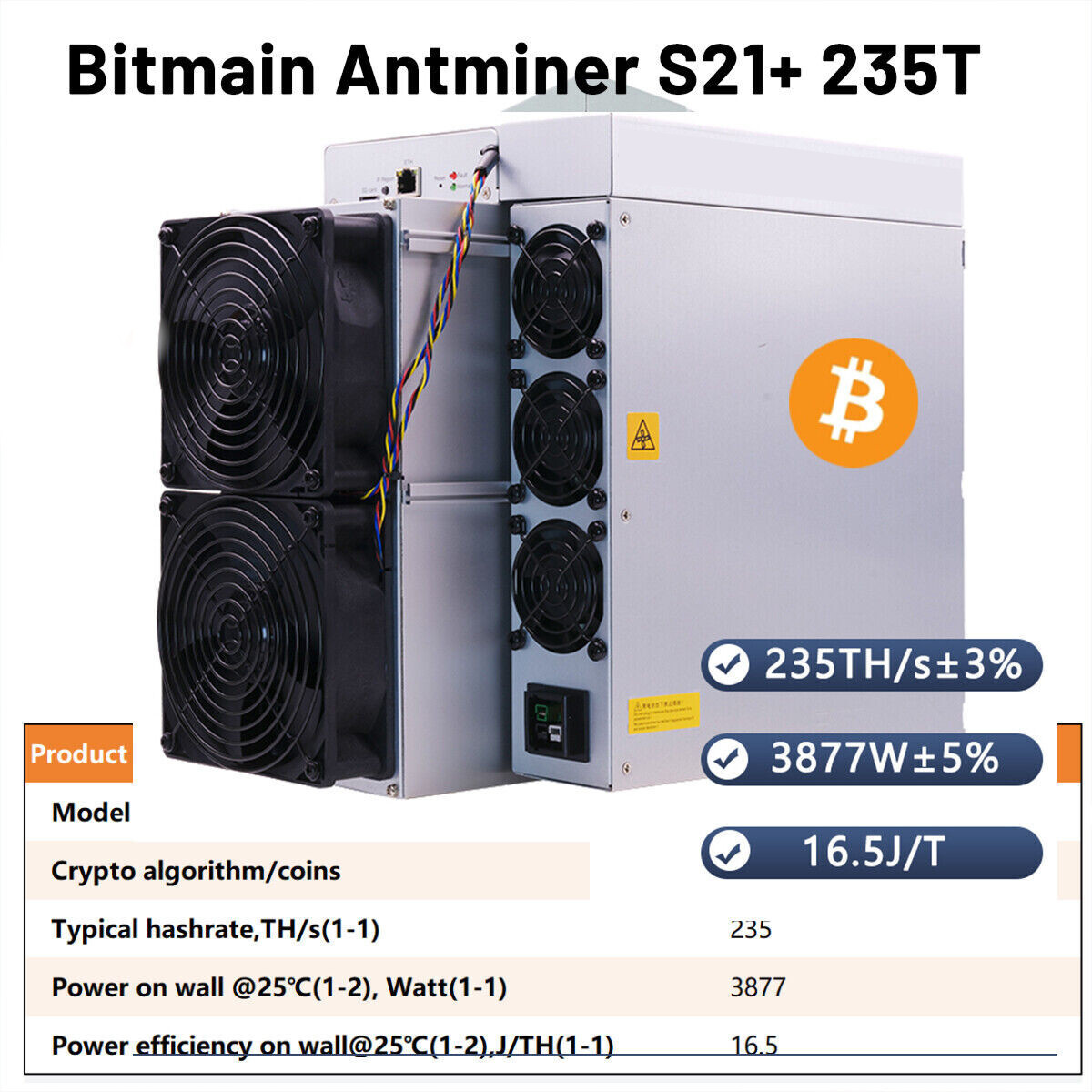 US Stock Antminer S21+ BTC Miner 235T 3877W ASIC Miner Algorithm SHA-256 Miner