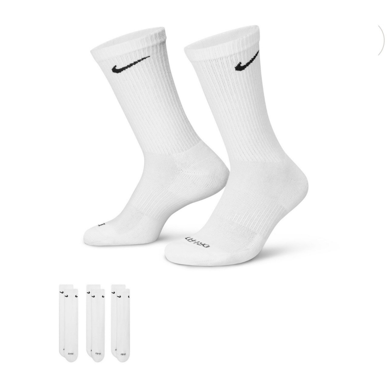 Nike Dri-Fit Everyday Plus Cushioned Crew Socks 3 Packs White Size XL 12-15