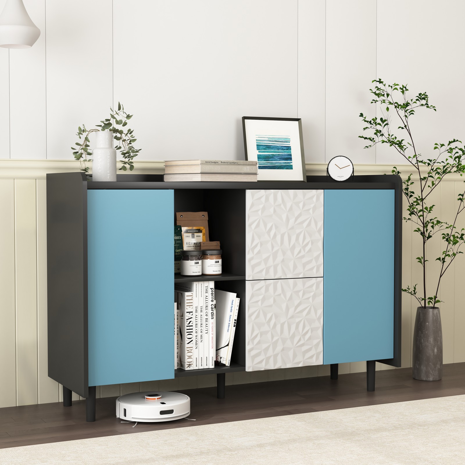 Sideboard Buffet Cabinet, Black Storage Cabinet with Blue Doors , 2 Drawers wi
