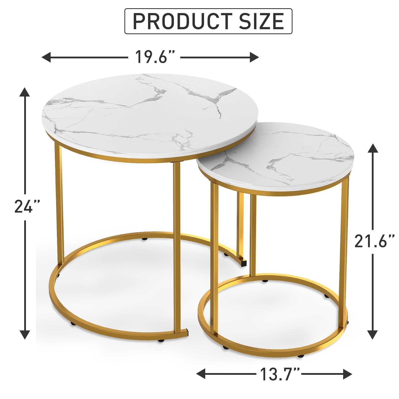 24" Gold Metal and White Marble Nesting Side Tables