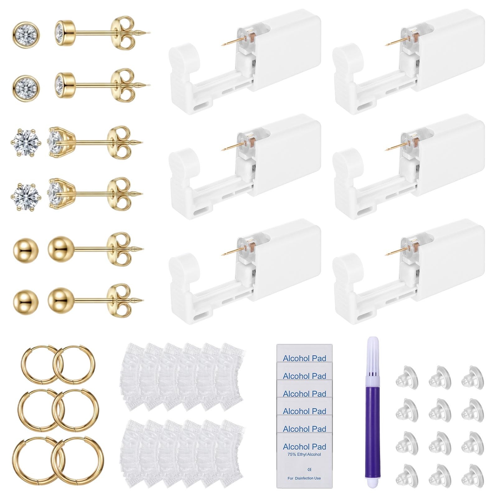 49 Pcs Ear Piercing Kit Disposable,Ear Piercing Kit with Self Earrings and Ea...