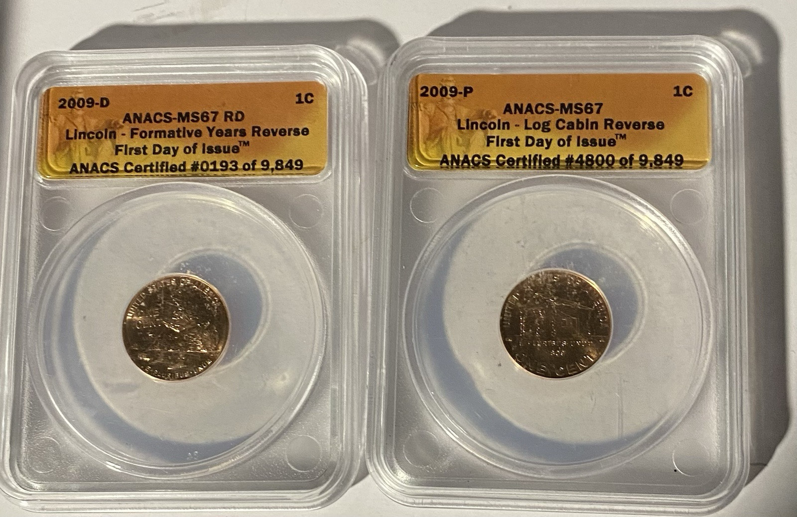 2 Lincoln Pennys 1st Day Log Cabin & Formative Years ANACS Certified
