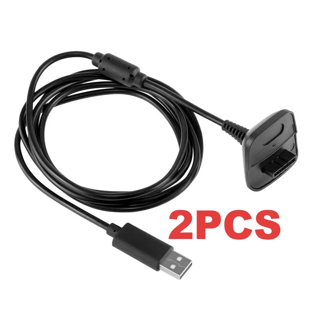2 For Xbox 360 Black Wireless Controller USB Charging Cable Replacement Charger