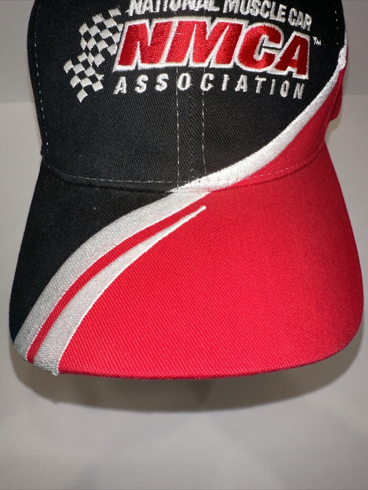 National Muscle Car Assoc. NMCA Hat Cap Half Black Half Red w White Hook Loop