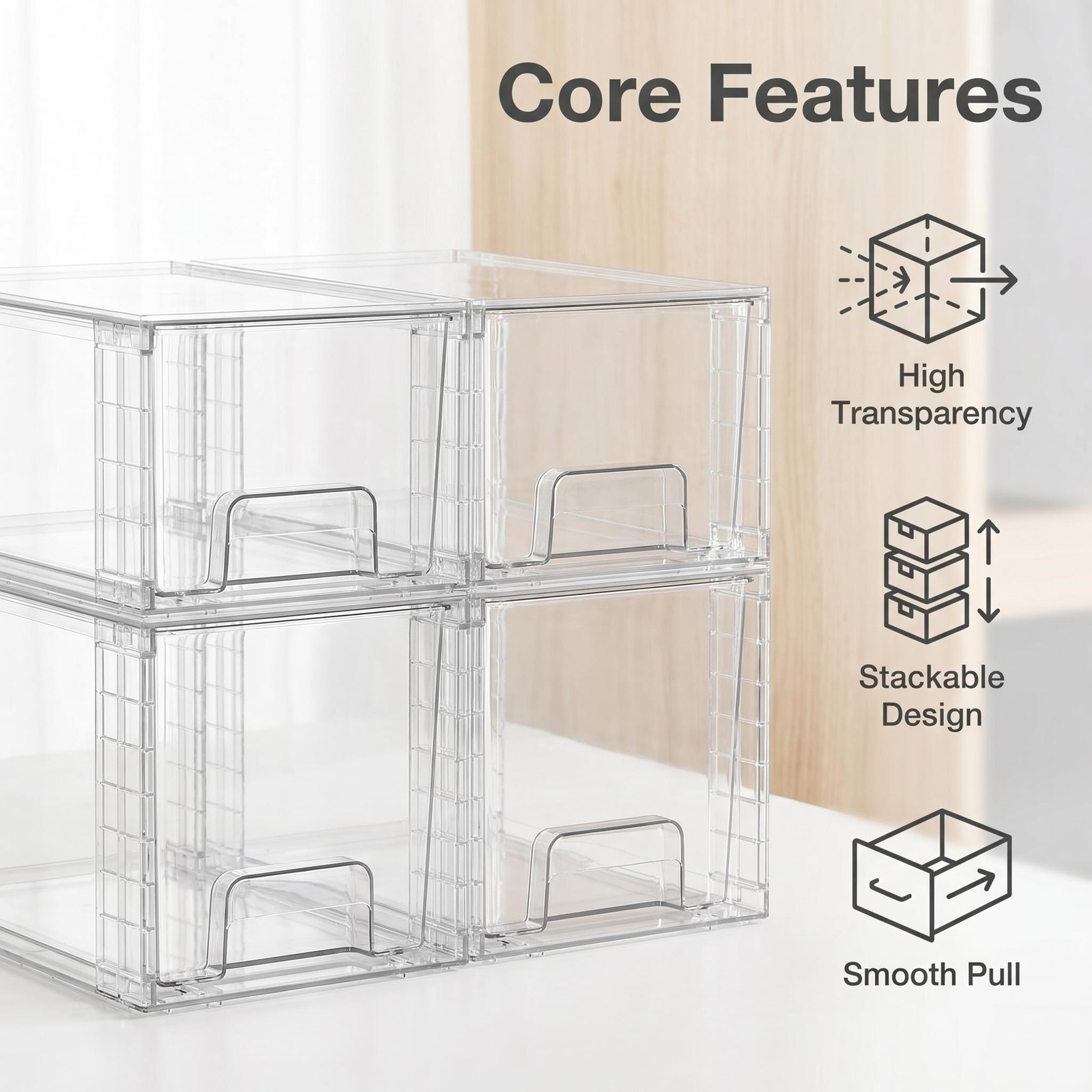 Chefstory 4 Pack Clear Stackable Storage Boxes for Pantry, Cabinet