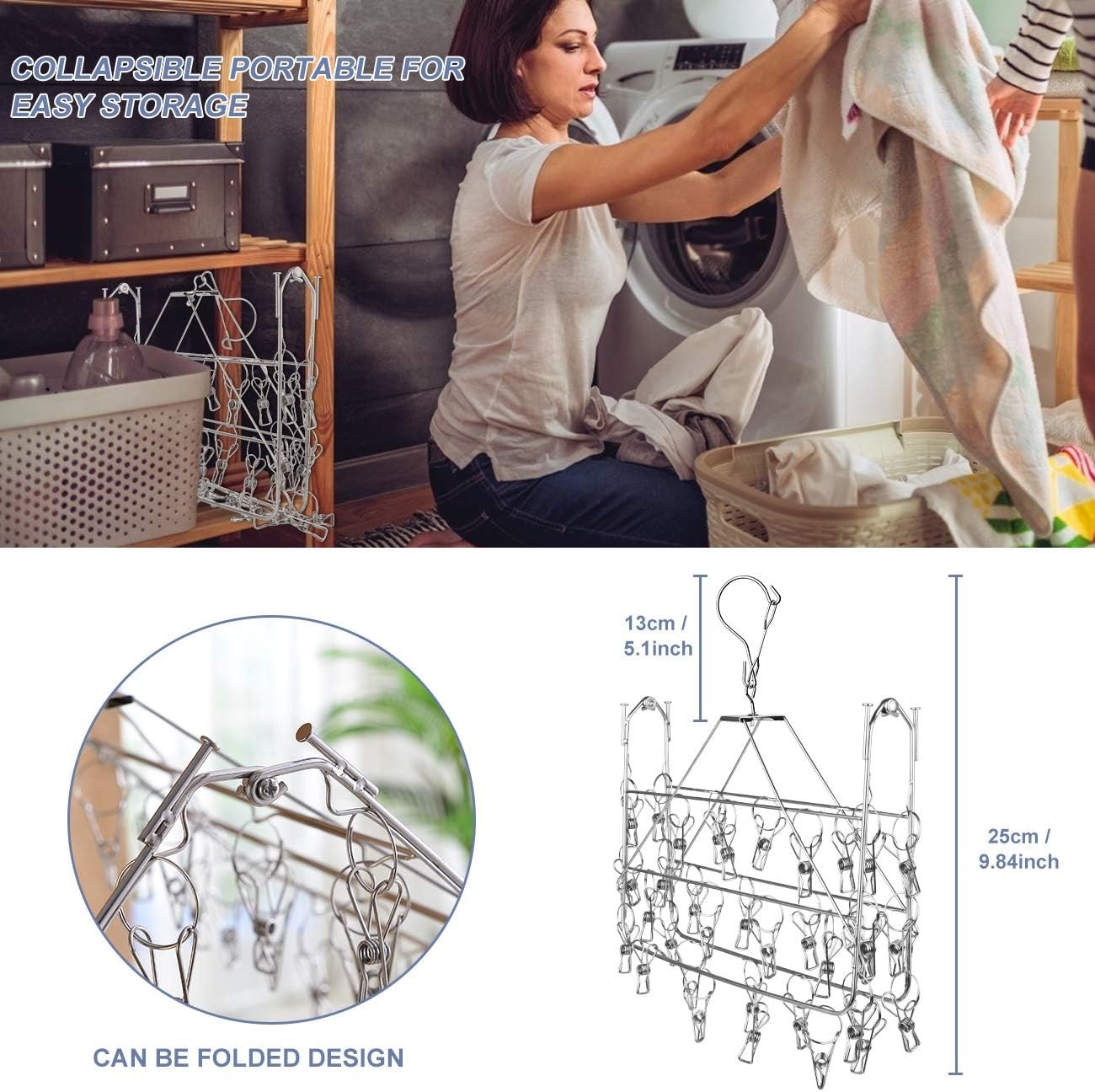 Drying Rack, 52 Clips Stainless Steel Laundry Drying Rack Folding